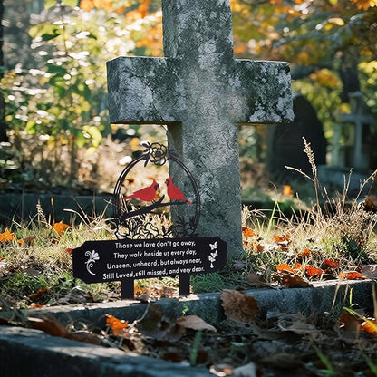 Cardinal Grave Decoration for Cemetery, Metal Tombstone Memorial Marker with Poem Weatherproof Outdoor Yard Garden Grave Stakes for Loss of Father Mother