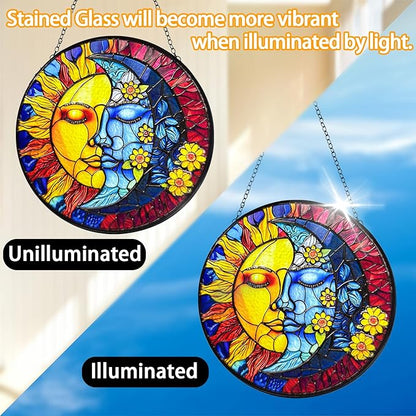 Stained Glass Moon and Sun Suncatcher with Hook and Chain, Handmade Window Hanging for Home and Garden, for Christmas, Party, Wedding, Birthday