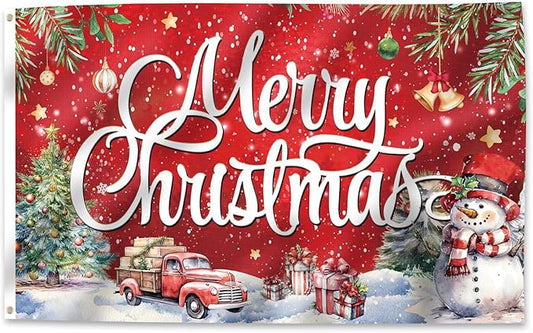 Christmas Flag Decoration 3x5 Ft Carnival Garden Banner Outdoor, Yard Flags Double Sided Printed Indoor Home House Decor Party Supplies Yard Sign Background for Photography(Christmas Tree/Truck/Snow)