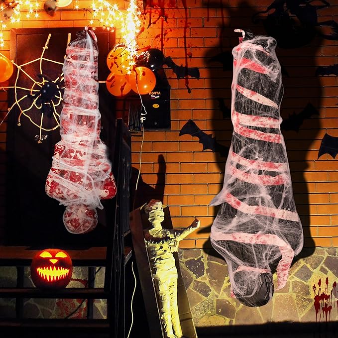 2 Sets Halloween Hanging Cocoon Corpse, 64'' Bloody Inflatable Cocoon Outdoor Decoration Set with Bandage, Scary Dead Body Prop Decor for Outdoor Halloween Party House Yard (Black,Red)
