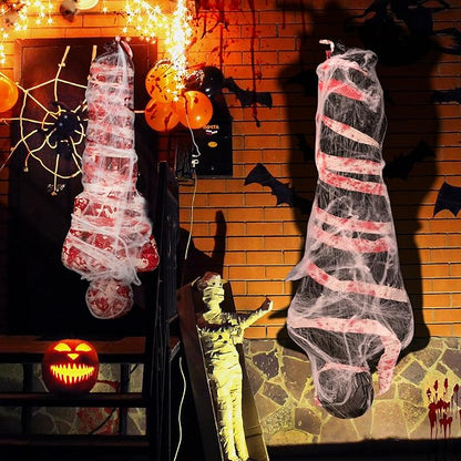 2 Sets Halloween Hanging Cocoon Corpse, 64'' Bloody Inflatable Cocoon Outdoor Decoration Set with Bandage, Scary Dead Body Prop Decor for Outdoor Halloween Party House Yard (Black,Red)