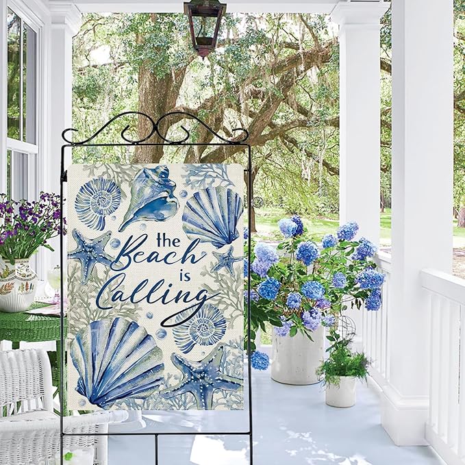 Dyrenson Spring Summer The Beach is Calling 28 x 40 House Flag Double Sided, Coastal Conch Starfish Coral Pearl Garden Yard Decorations, Nautical Seasonal Burlap Outdoor Decor Decorative Large Flag