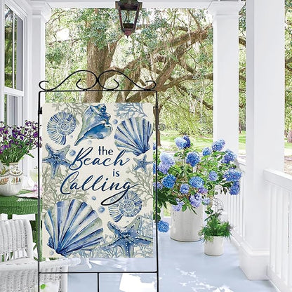 Dyrenson Spring Summer The Beach is Calling 28 x 40 House Flag Double Sided, Coastal Conch Starfish Coral Pearl Garden Yard Decorations, Nautical Seasonal Burlap Outdoor Decor Decorative Large Flag