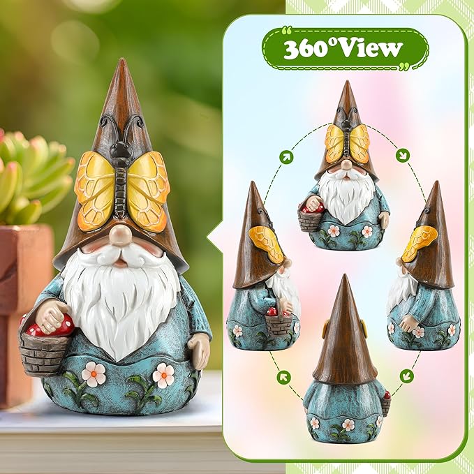 Outdoor Garden Gnome Statue, Butterfly Gnomes Decor Spring Butterfly Figurine, 7.3" Garden Gnomes Sculptures & Statues Outside Yard Lawn Patio Home Decoration, Nomes Gift