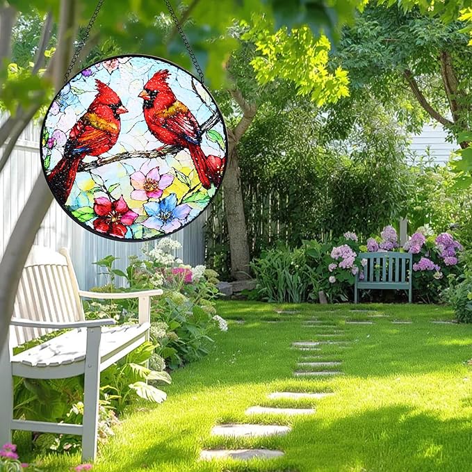 Stained Glass Window Hanging, 8 in Cardinal Sun Catchers, Diamond Glass Panel Landscape Suncatcher for Home Decor - Gift for Bird Lovers Women Mother's Day Christmas