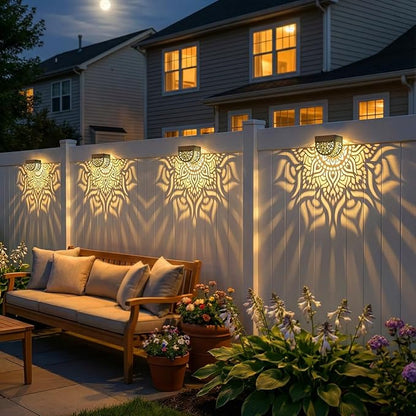 4 Pack Solar Fence Lights Outdoor Wall Lights Plastic Solar Powered Deck Step Stair Lights Mandala Theme Waterproof Fence Solar Light for Garden Post Patio Yard Decor, Gardening Gifts for Women Mom