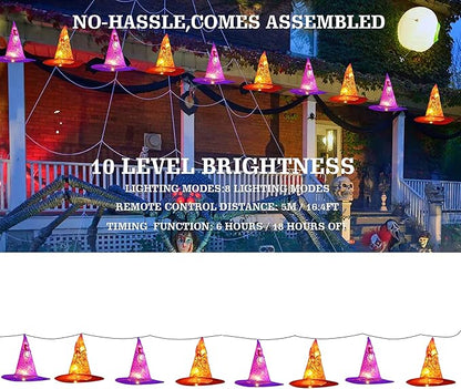 DAZZLE BRIGHT 8 Pcs Hanging Witch Hat String Lights, Light Up Waterproof Halloween Decorations with Remote Control for Outdoor Garden Party Carnival Supplies Decor (2 Pack)