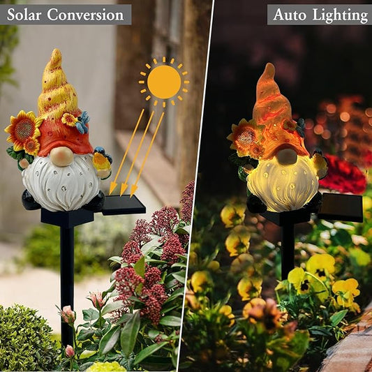 Fall Solar Gnome Garden Lights, Outdoor Gnome Statue with Sunflowers & Bird, Solar Powered Fairy Garden Lights Fall Gnomes Decorations for Home Outside Yard Lawn Patio Gnomes Gifts (Yellow)