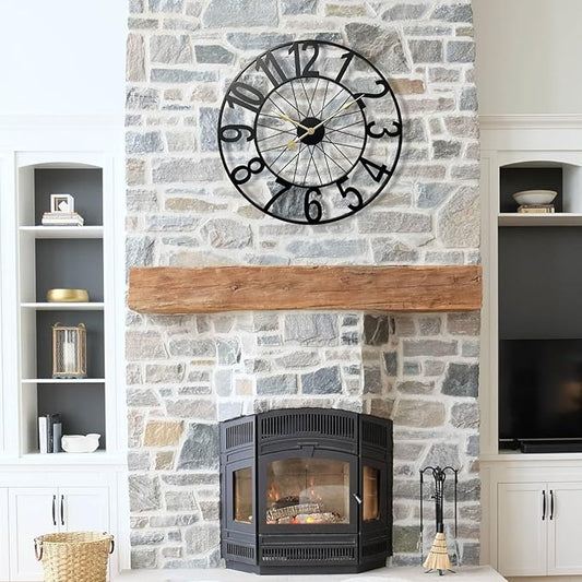Large Wall Clock, Modern Black Decorative Wall Clock Silent Non Ticking Battery Operated, 24 Inch Wheel Metal Clock for Outdoor Covered Patio, Pool Area, Living Room, Farmhouse, Kitchen