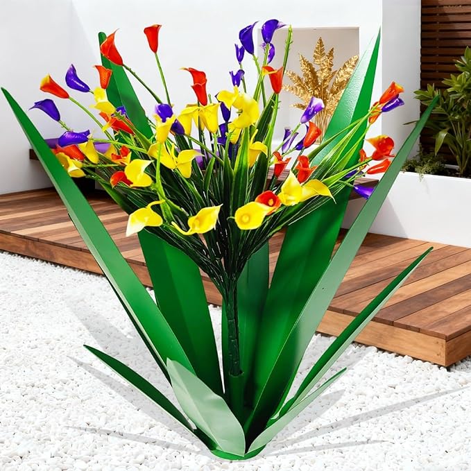 DDQ Metal Agave Plant Outdoor Decor with Artificial Flowers, Mexican Style Garden Sculpture, Waterproof Yard Art for Patio Lawn, Multiple Flower Options (Green Agave + Sunflower/Red/Yellow/Purple)