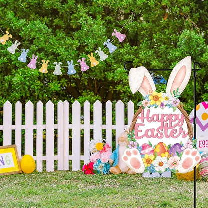 Easter Decorations Rabbit Garden Banner Double-Sided Printed Flag Bunny Yard Flags Bunting Outdoor House Yard Spring Seasonal Decoration Flower Egg