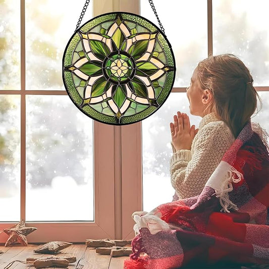 Stained Glass Window Hanging - White Green Boho Flower Suncatcher for Doors Window Home Sun Catchers Decor Christmas Mother's Day Birthday Gifts for Teacher Women Men Mom Nana 6.3 in