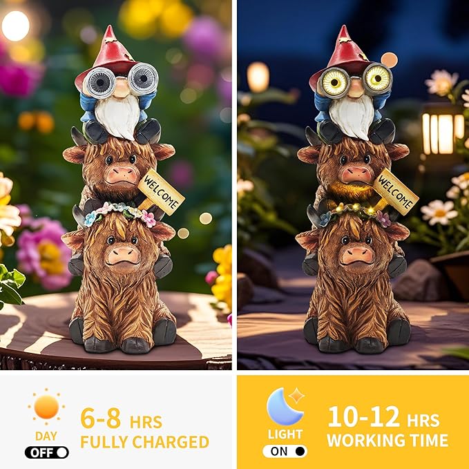 Garden Gnomes Outdoor Statue: 11'' Highland Cow Decor with Welcome Sign Funny Triple Yard Decorations with Solar Light Unique Birthday Gifts for Women Mother Grandma