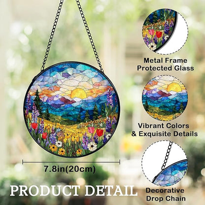 Spring Wildflower Landscape Suncatchers Stained Glass Window Hanging, Cottagecore Flower Sun Catchers Indoor Window Glass Round Wall Decor, Floral Wall Hanging Decorations, 7.9x7.9in