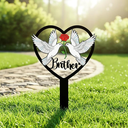 Brother Grave Decorations for Cemetery - Heart Metal Memorial Stake with Doves - Sturdy Waterproof Brother Remembrance Plaque - Graveside Burial Markers, Loss of Brother Gift(White Dove)
