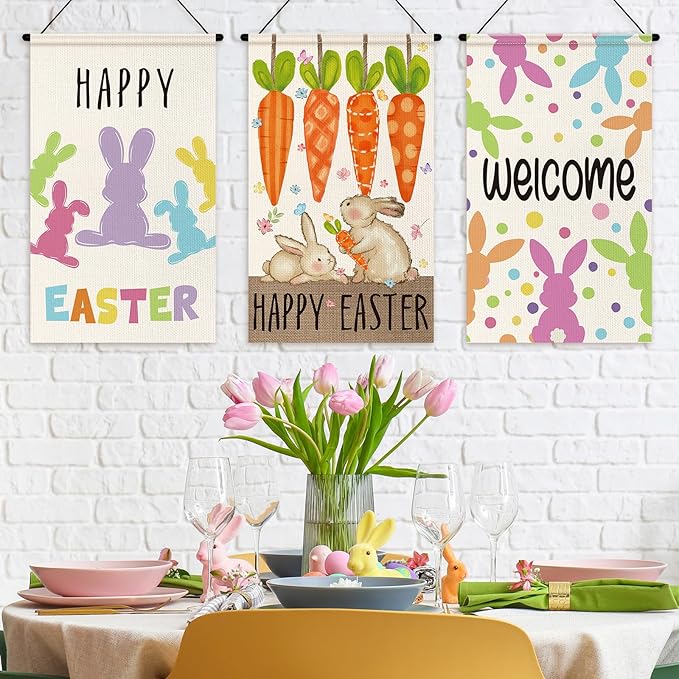 Tegeme 3 Pcs Happy Easter Door Sign Flag Welcome Easter Door Banner Bunny Wall Hanging Ornaments Flag for Party Holiday Outdoor Indoor Home Decoration