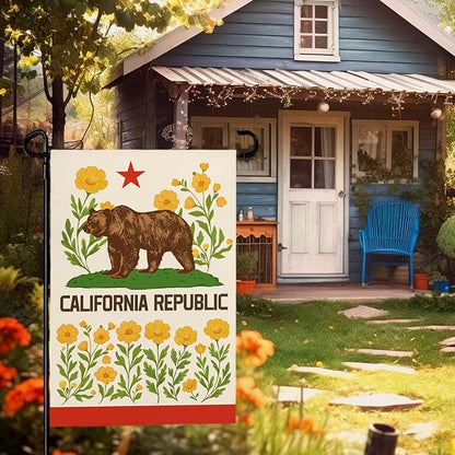 California Bear Flag Garden Flag with California Poppy Golden State Patriotic Republic Home Welcome Flags Front Porch Patio Decor Seasonal Flower CA Heavy Duty House Banner 12x18 Inch
