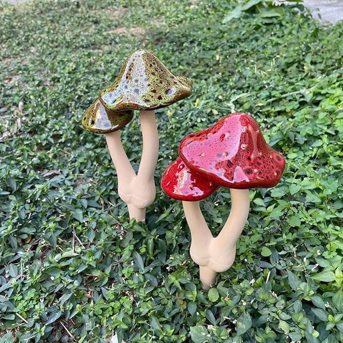 2pcs Ceramic Mushroom Garden Stake, Fairy Garden Figurines Decoration,Yard Outdoor Mushroom Decor, 11.8" in Height
