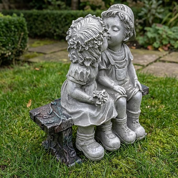 Girl and Boy Sitting on Bench Statues, Fisrt Kiss Sculpture Figurine Decoration for Yard Patio Porch Indoor Outdoor Lawn Bookshelf, 8 1/4" L x 4 3/4" W x 9" H