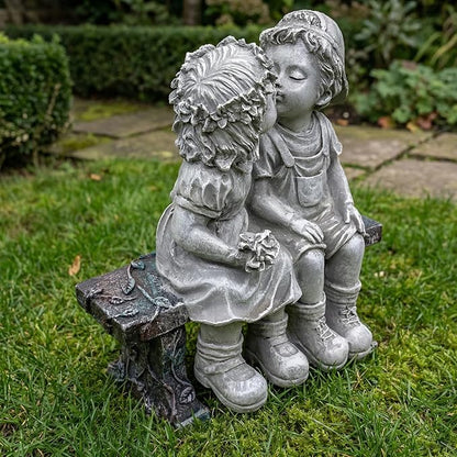Girl and Boy Sitting on Bench Statues, Fisrt Kiss Sculpture Figurine Decoration for Yard Patio Porch Indoor Outdoor Lawn Bookshelf, 8 1/4" L x 4 3/4" W x 9" H