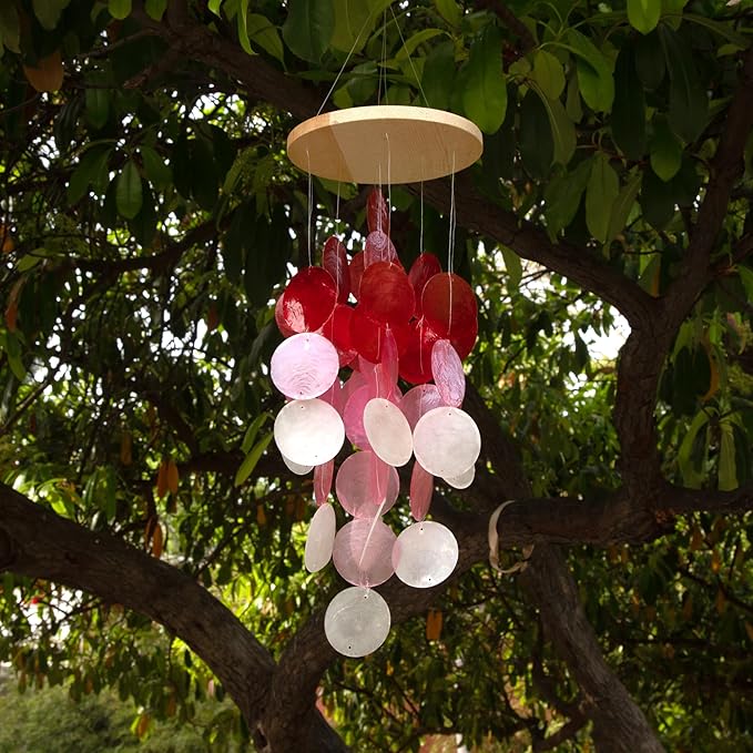 Wind Chimes for Outside, Handcrafted Capiz Shells Windchime Coastal Style Decor for Indoor/Outdoors, Garden Decors, Great Gift for Women, Beach Hanging Decor, Wind Chimes Lovers (Red Pink Gradient)