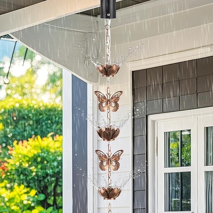 shumi 8.8ft Rain Chain for Gutters Downspouts Outside, 11 Butterfly Cups with 12 Copper Lotus Rain Chain Cups, Functional and Decorative Replacement for Gutter Downspouts
