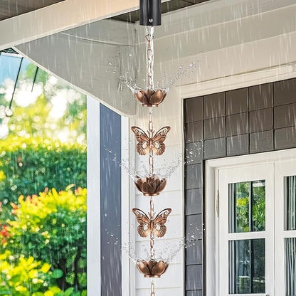 8.8ft Rain Chain for Gutters Downspouts Outside,Butterfly Rain Chain Cups with 12 Copper Chain Adjustable Lotus Rain Catcher Chain Functional and Decorative Replacement for Gutter Downspouts