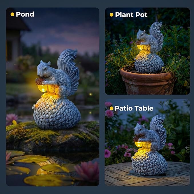 Solar Garden Statue – Hand-Painted Resin Squirrel on Pinecone with Glowing LED Acorn – Charming Yard, Patio & Balcony Decor – Gift for Mom, Grandma & Garden Lovers