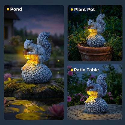 Solar Garden Statue – Hand-Painted Resin Squirrel on Pinecone with Glowing LED Acorn – Charming Yard, Patio & Balcony Decor – Gift for Mom, Grandma & Garden Lovers