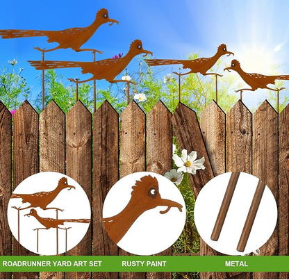 Geelin 4 Pcs Metal Roadrunner Yard Art Southwest Decor Roadrunner Rusty Paint Garden Stakes Desert Bird Animals Silhouette Outdoor Decoration for Courtyard Lawns Backyard Patio Pathway Ornaments