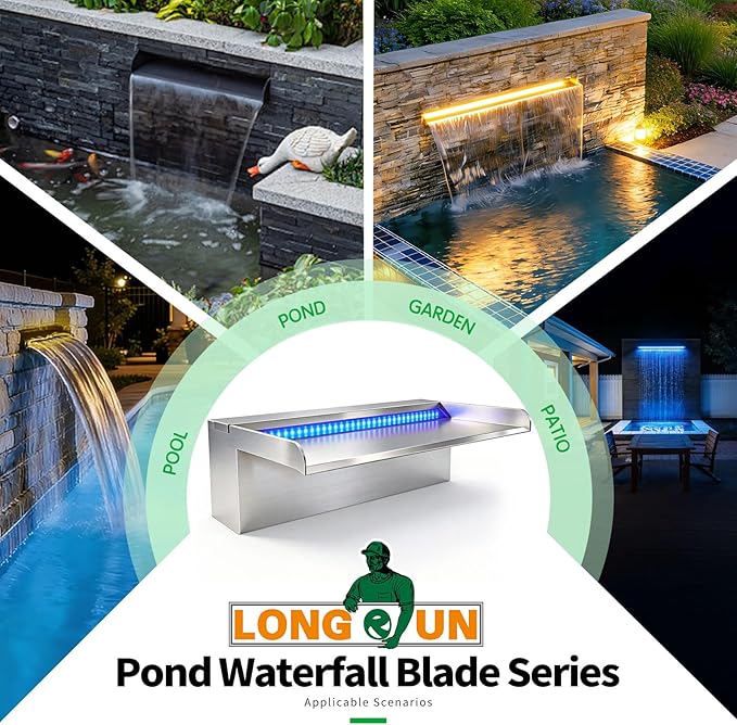LONGRUN with lid Stainless Steel Waterfall Spillway,APP Control Multi-Color LED Light Outdoor Pool Fountain,Water Spillway Koi Pond Waterfalls Fountains Kit for Garden Patio Swimming Pool-11.8"
