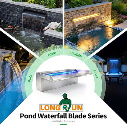 LONGRUN with lid Stainless Steel Waterfall Spillway,APP Control Multi-Color LED Light Outdoor Pool Fountain,Water Spillway Koi Pond Waterfalls Fountains Kit for Garden Patio Swimming Pool-11.8"