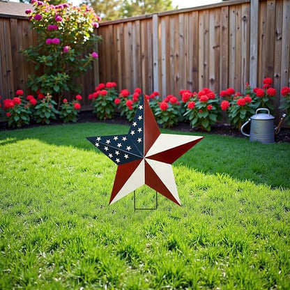 Metal Star Memorial Day Decorations Outdoor Garden Stake, Patriotic US Flag Barn Star Wall Decor, 4th of July Yard Sign American Decor for Front Porch Patio Lawn