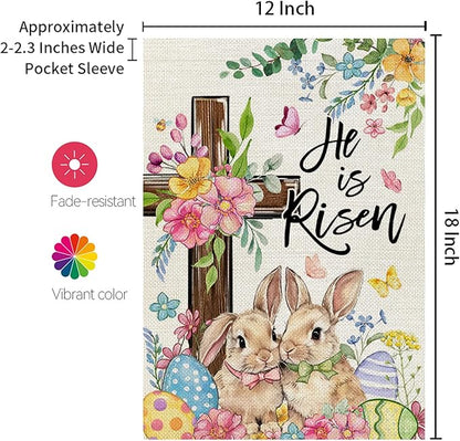 CROWNED BEAUTY Easter Garden Flag He is Risen Cross Bunnies 12x18 Inch Double Sided Floral Holiday Decoration for Outdoor Lawn Yard