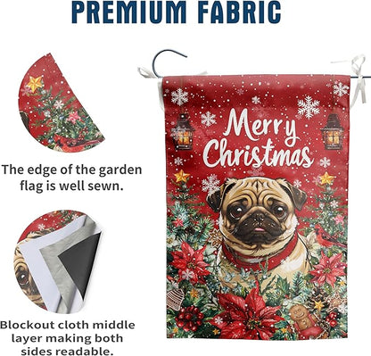 Christmas Pug Garden Flag Merry Christmas Dog Yard Flag for Outside Xmas Flags 12x18 Double Sided Red Poinsettia Garden Flags Winter Porch Decorations Outdoor