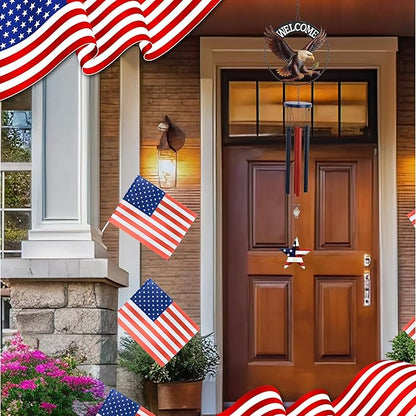 CoTa Global Welcome Eagle USA Flag Wind Chime - Handmade Metal Hanging Decor, Patriotic Garden Ornament with Red, White and Blue Tubes, Indoor Outdoor Porch Patio Yard Decoration - 34 Inches