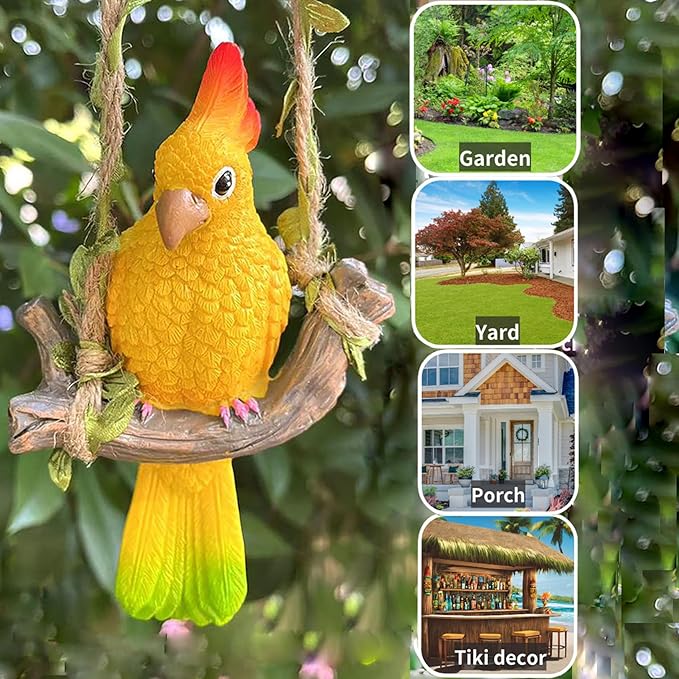 Resin Parrot Hanging Garden Decor Swing Figurine Ornaments, Outdoor Hanging Bird Sculpture Decor Perfect for Patio, Lawn, Gardens, Balconies, Indoor and Outdoor Spaces Yellow & Green Tail