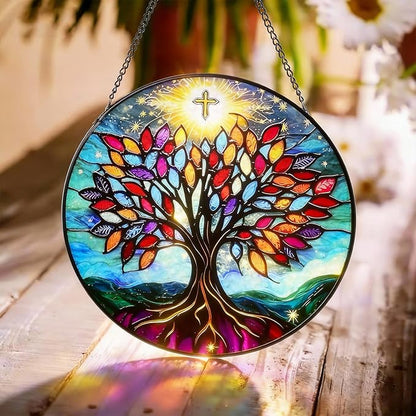 Stained Glass Window Hanging Tree of Life Sun Catcher Indoor, Window Garden Decor Art, Stained Glass Suncathers, Christian Gifts for Women,Mom, Grandma,Friends and Wife Gifts 7.8’’ Blue