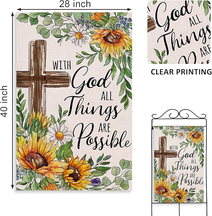 With God All Things Are Possible Religious Spring Summer Easter Decorative House Flag, Cross Sunflower Garden Yard Outside Decorations, Inspirational Fall Autumn Outdoor Large Home Decor 28x40