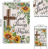 With God All Things Are Possible Religious Spring Summer Easter Decorative House Flag, Cross Sunflower Garden Yard Outside Decorations, Inspirational Fall Autumn Outdoor Large Home Decor 28x40