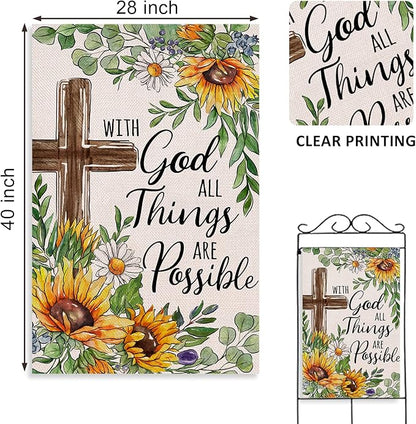 With God All Things Are Possible Religious Spring Summer Easter Decorative House Flag, Cross Sunflower Garden Yard Outside Decorations, Inspirational Fall Autumn Outdoor Large Home Decor 28x40