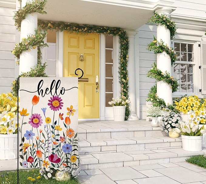 Hello Spring Floral Garden Flag 12x18 Vertical Double Sided Colorful Flowers Summer Farmhouse Holiday Outside Decorations Burlap Yard Flag BW257