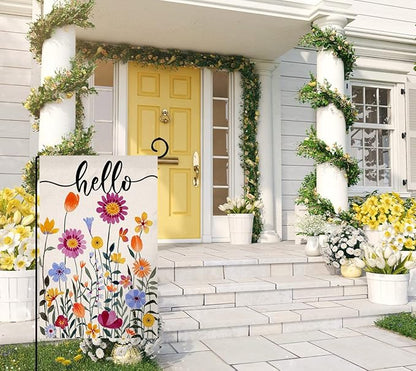Hello Spring Floral Garden Flag 12x18 Vertical Double Sided Colorful Flowers Summer Farmhouse Holiday Outside Decorations Burlap Yard Flag BW257