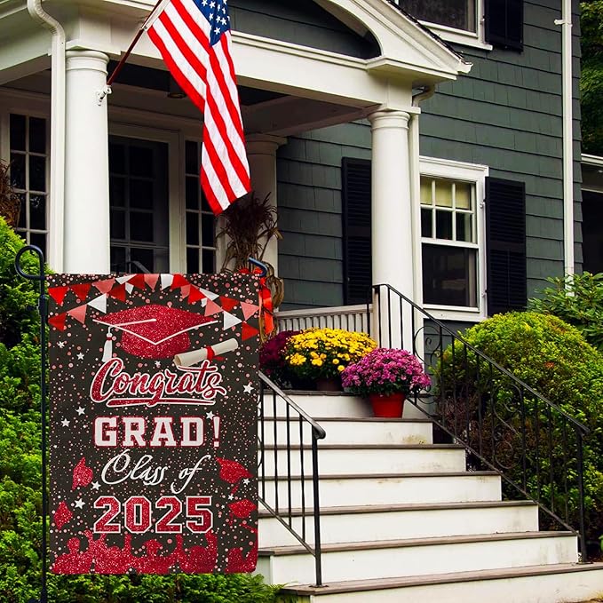 Graduation Garden Flag Class of 2025, Red Congrats Grade Flag for Outside Party Hanging Decorations 12x18 Inch Burlap
