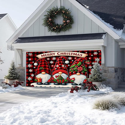 IVN Christmas Garage Door Cover Decoration 13x6ft Gnome Pattern Red Backdrop Gift Snowflakes and Stars Merry Christmas Garage Door Banner Home Door Front Yard Decor for Xmas Eve Holiday Outdoor