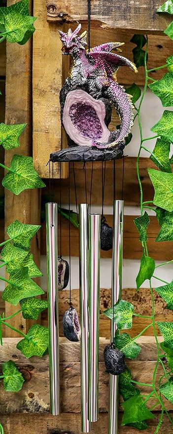 Ebros Gift Medieval Purple Dragon Guarding Topaz Crystal Geode Rock Figurine Crown Top Resonant Wind Chime with Miniature Geode Rocks Ornaments for Garden Patio Home Fantasy Dungeons and Dragons