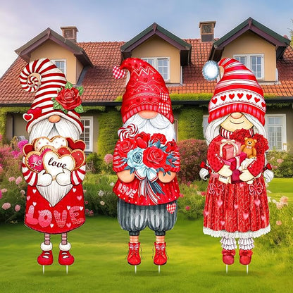 Umigy 3 Pcs Valentine's Day Yard Sign Gnome Outdoor Decorations with Stakes Valentine Red Heart Rose Gnome Lawn Sign Sweet Yard Decor Lawn Decor for Home Wedding Anniversary Pathway Walkway