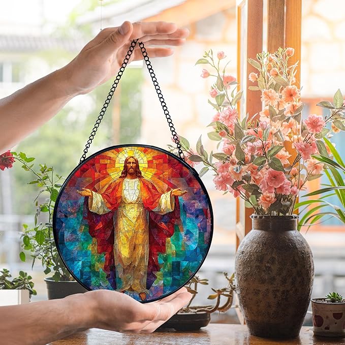 Easter Jesus Christian Suncatcher Stained Glass Window Hanging, Jesus Religious Sunshine Sun Catchers Indoor Window Glass Wall Art Decor, Christian Wall Hanging Decor, 7.9x7.9 Inch