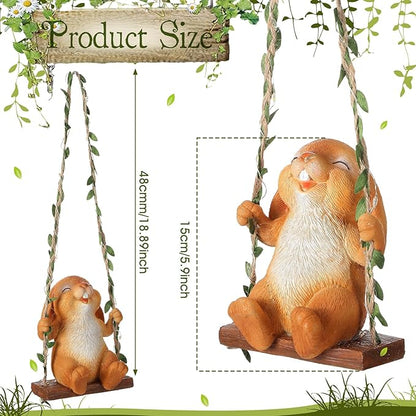 Thyle Solar Light Outdoor Bunny Statues 19" H Hanging Bunny on Swing with LED Light Spring Decorations Outdoor Resin Waterproof Hanging Animal Figurine with Hook for Yard Garden Wall Gift