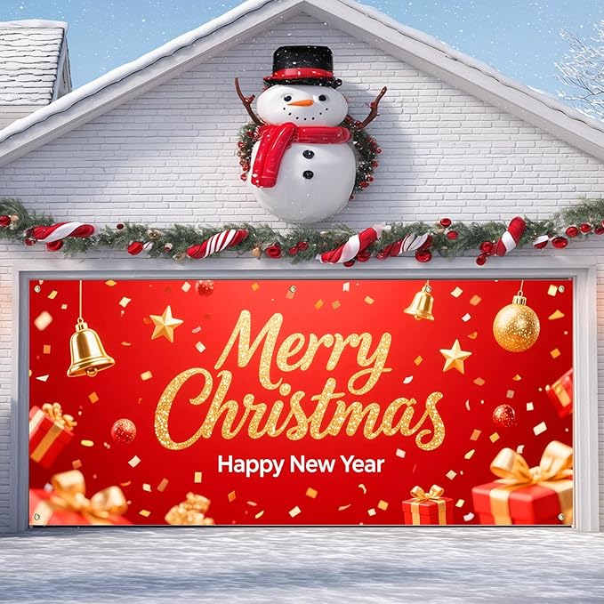 IVN Christmas Garage Door Cover Decoration 13x6ft Sparkling Gold Lettering Confetti Bells and Gifts Merry Christmas Winter Garage Door Banner Home Door Front Yard Decor for Xmas Eve Holiday Outdoor